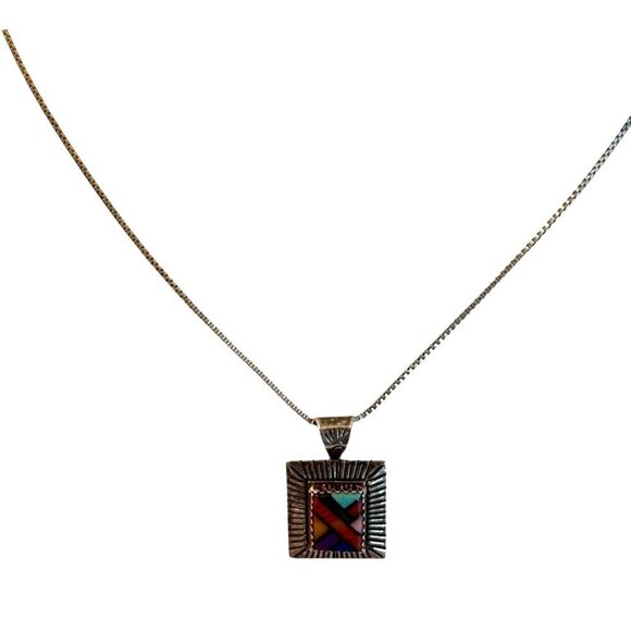 Vintage QT Sterling Silver Inlaid Multi Stone Pendant Necklace Art to Wear 18" - Picture 4 of 8
